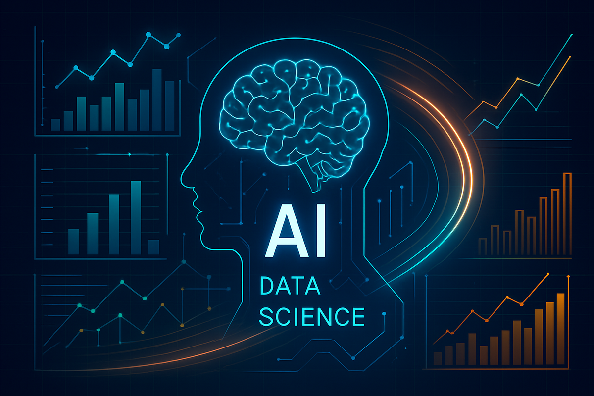 AI data science concept with neural network and analytics charts