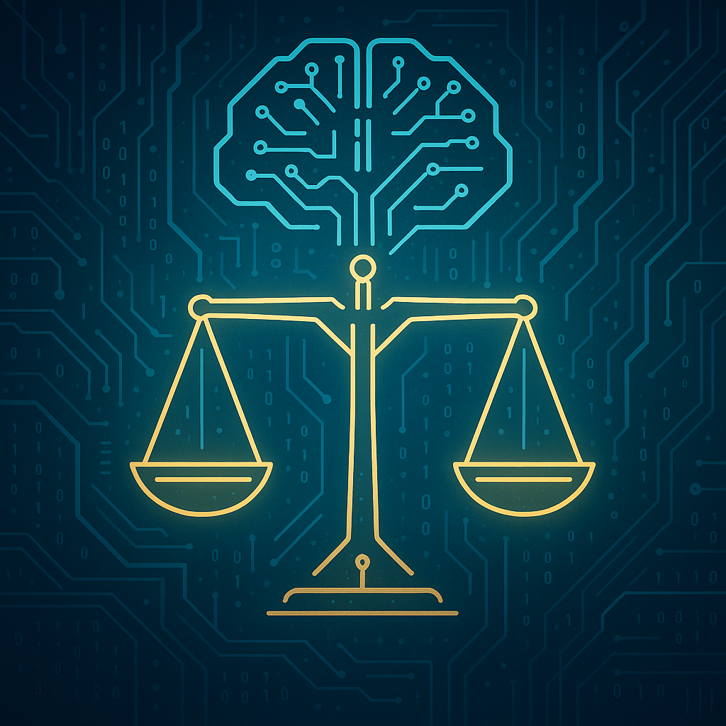 Ethics and responsible AI concept with scales and digital brain